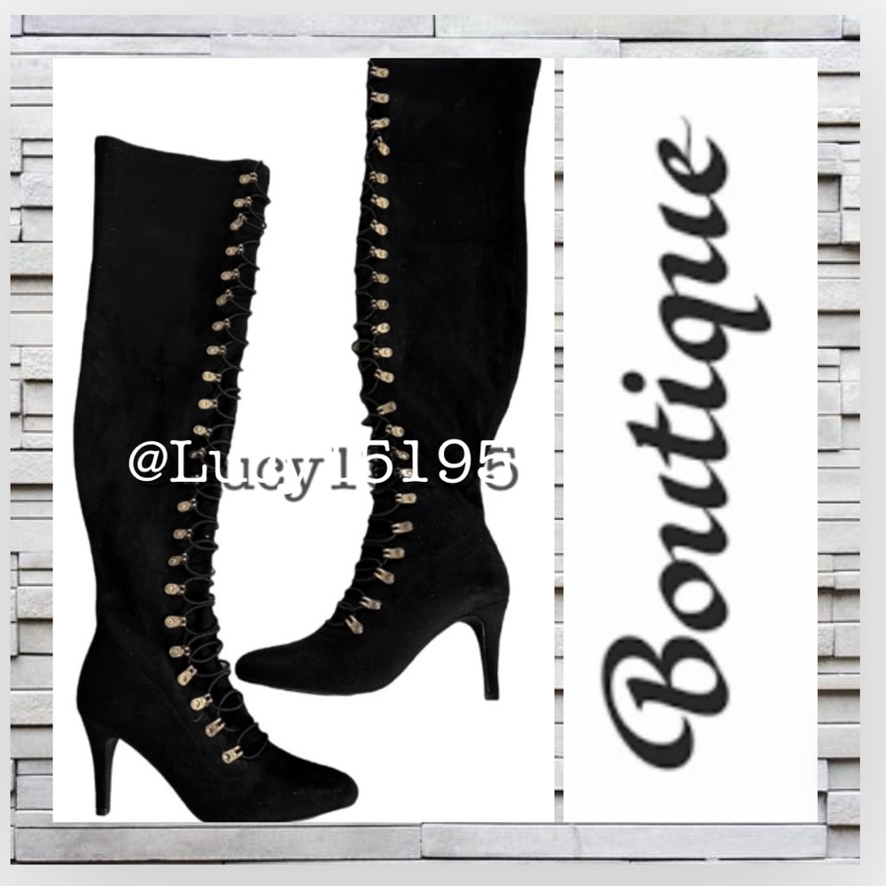 ❤️NWOT Unbranded Faux Black Suede & Gold Lace Up Thigh High Boots